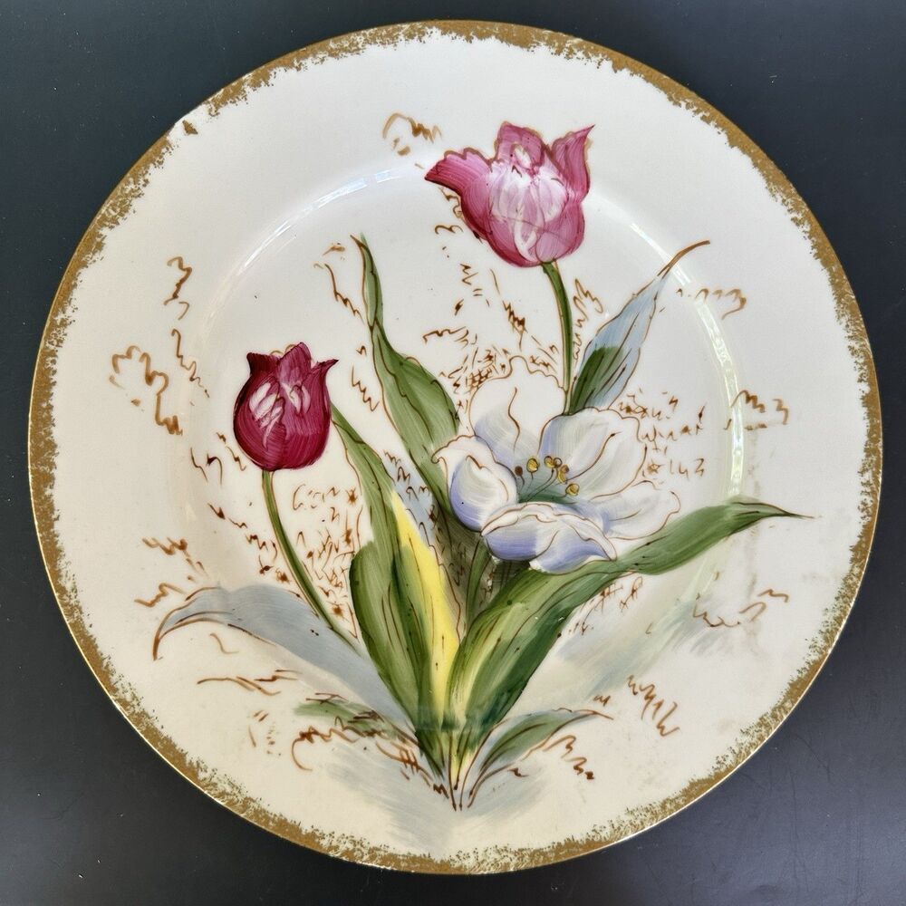 Vintage Hand Painted Floral Plate 10in Tulip Design Gold Rim Cottagecore